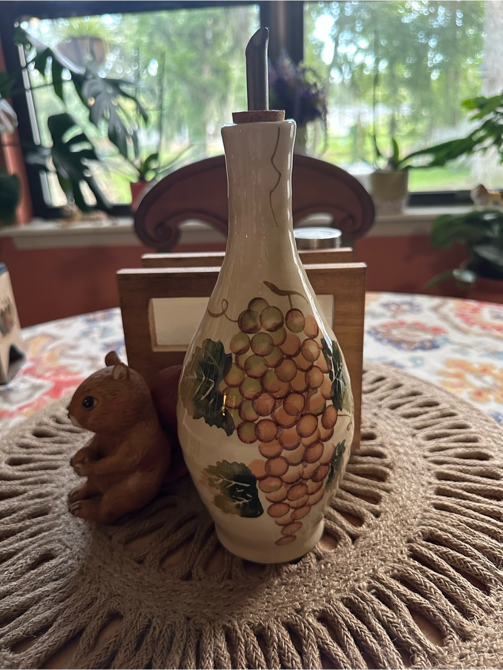 Bordeaux Ceramic Olive Oil Pourer with Purple and Pink Grape Motif